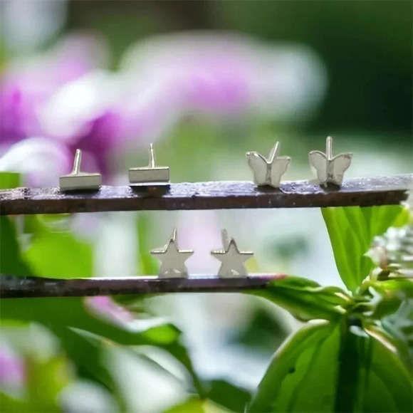 Silver Bohemian Mini Bar & Butterfly & Star Stud Earrings - Picture 9 of 12
